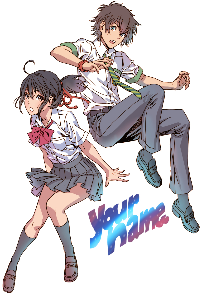 1boy 1girl absurdres black_hair black_socks blue_eyes brown_eyes brown_hair commentary_request copyright_name floating green_necktie grey_skirt hair_ribbon highres kimi_no_na_wa. miyamizu_mitsuha necktie open_mouth pleated_skirt ponytail ribbon school_uniform short_hair short_sleeves skirt socks striped_necktie tachibana_taki yamashita_shun&#039;ya