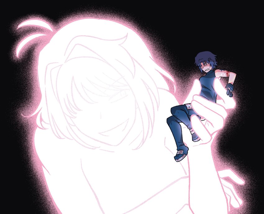 2girls ahoge arcueid_brunestud arm_tattoo blue_hair blue_shirt ciel_(tsukihime) giant giantess gloves highres holding looking_at_another multiple_girls okinobus powered_ciel red_arcueid shirt short_hair simple_background size_difference sleeveless sleeveless_shirt smug struggling tall_female tattoo tsukihime tsukihime_(remake)