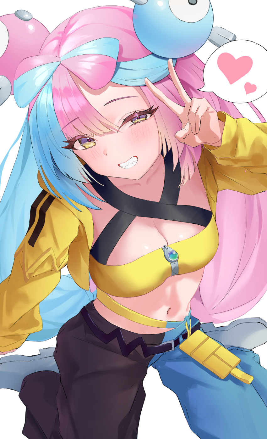 1girl absurdres belt black_belt black_pants blue_hair blue_pants blush bow-shaped_hair breasts canari_(pokemon) canari_(pokemon)_(cosplay) character_hair_ornament collarbone cosplay double_bun fake_hair_bun grey_shoes grin gusa hair_bun hair_ornament heart highres iono_(pokemon) jacket large_breasts long_hair long_sleeves looking_at_viewer multicolored_eyes multicolored_hair navel nintendo open_clothes open_jacket pants pink_hair pokemon pokemon_legends:_z-a pokemon_sv sharp_teeth shoes simple_background sitting smile solo split-color_clothes split-color_hair spoken_heart stomach strapless teeth tube_top two-tone_eyes two-tone_hair two-tone_pants v wariza white_background yellow_eyes yellow_jacket yellow_tube_top zipper zipper_pull_tab