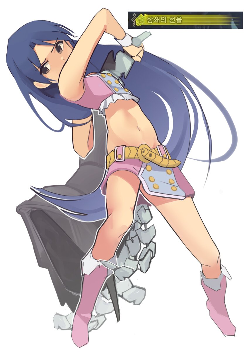 1girl absurdres blue_hair boots brown_eyes ch2haya_p commentary crop_top floating_hair full_body game_screenshot_inset highres holding holding_weapon idolmaster idolmaster_(classic) idolmaster_2 kisaragi_chihaya long_hair luxury_(idolmaster) midriff miniskirt navel pink_boots pink_diamond_765_(idolmaster) pink_shirt pink_skirt shirt simple_background skirt sleeveless sleeveless_shirt solo swinging_weapon symbol-only_commentary very_long_hair weapon white_background