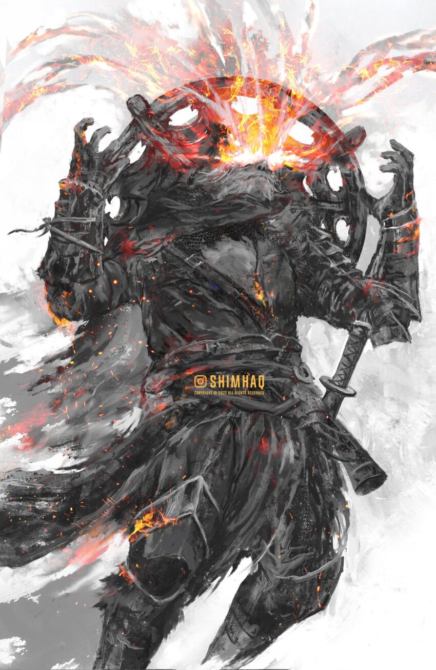 bloody_finger_hunter_yura flaming_eyes hands_up hat highres jingasa katana obi sash shabriri_(elden_ring) shimhaq standing sword weapon