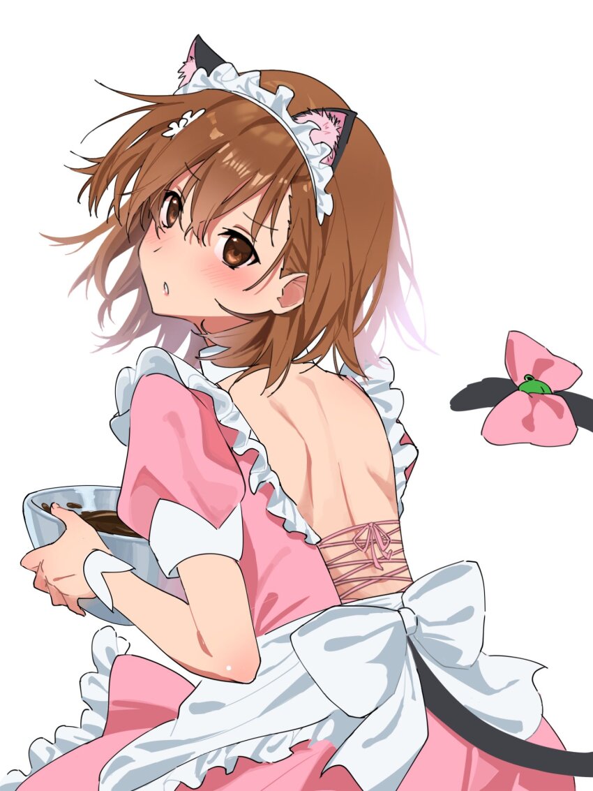1girl animal_ears apron backless_dress backless_outfit bowl cat_ears cat_tail chocolate_making commentary dress english_commentary fake_animal_ears fake_tail from_side hair_ornament hairpin harumi61 highres holding holding_bowl looking_at_viewer looking_to_the_side maid_apron medium_hair misaka_mikoto mixing_bowl official_alternate_costume pink_dress solo tail toaru_kagaku_no_railgun toaru_majutsu_no_index toaru_majutsu_no_index:_imaginary_fest white_background