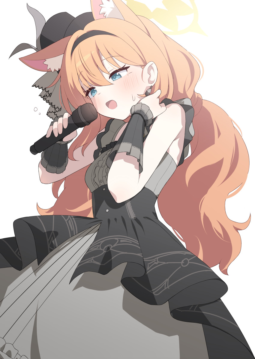 1girl absurdres animal_ear_fluff animal_ears black_dress black_hairband black_headband blue_archive blue_eyes blush cosplay dress flower flower_hat frills hagoonha hairband halo hat hat_flower headband highres holding holding_microphone idol_clothes long_hair low_twintails mari_(blue_archive) mari_(idol)_(blue_archive) microphone official_alternate_costume official_alternate_hairstyle orange_hair simple_background solo top_hat twintails white_background wrist_cuffs yellow_halo