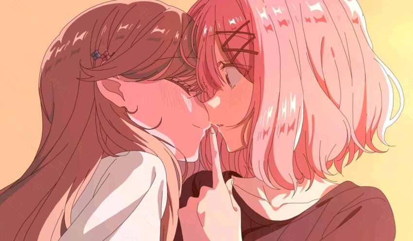 2girls amaori_renako black_shirt blush brown_hair closed_eyes comic_panel_redraw commentary_request derivative_work highres imminent_kiss index_finger_raised long_hair medium_hair multiple_girls parted_lips pink_hair purple_eyes sena_ajisai shirt summer_salt_jp watashi_ga_koibito_ni_nareru_wake_naijan_murimuri! white_shirt yuri