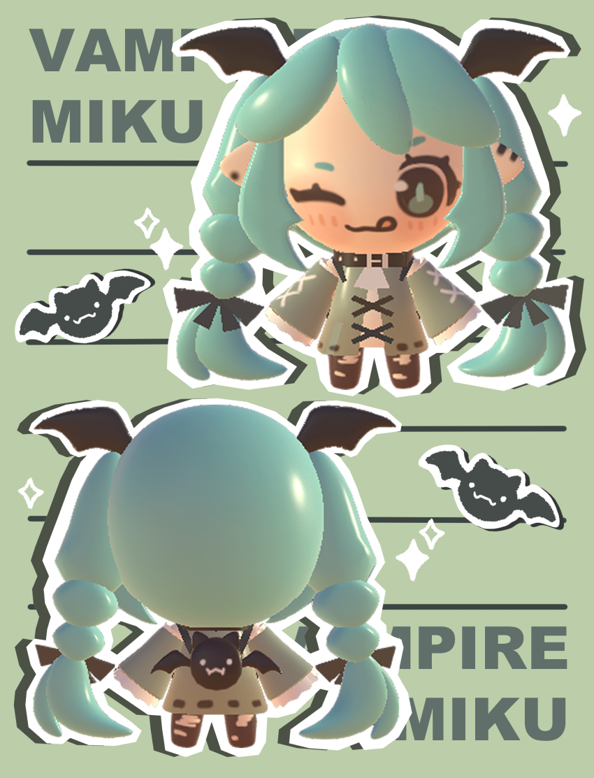 1girl 3d :q absurdres alternate_costume alternate_hairstyle alternate_species aqua_eyes aqua_hair aqua_theme backpack bag bat_(animal) bat_wings black_bow blush bow braid character_name chibi chibi_only commentary english_commentary english_text full_body green_background hair_bow hatsune_miku head_wings highres lavy_(lavnko) low_poly multiple_views one_eye_closed outline pointy_ears sidelocks standing tongue tongue_out turnaround twin_braids twintails vampire vocaloid white_outline wings
