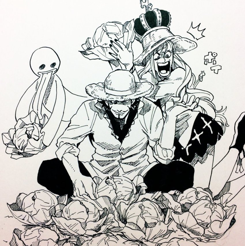 1boy 1girl age_difference dracule_mihawk food highres one_piece perona scary scary_face vegetable