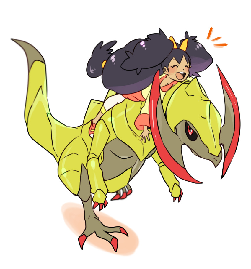 1girl ^_^ claws closed_eyes creature dragon full_body gen_5_pokemon haxorus highres iris_(pokemon) long_hair long_sleeves mizuto_(o96ap) nintendo pokemon pokemon_(creature) pokemon_bw purple_hair riding riding_pokemon shoes simple_background very_long_hair white_background