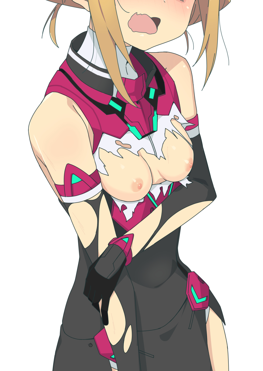 1girl alice_gear_aegis bare_shoulders black_gloves blonde_hair blush breast_cutout breasts breasts_out embarrassed gloves head_out_of_frame highres holding_own_arm leotard morisobo nipples open_mouth simple_background skirt small_breasts solo takahata_nodoka torn_clothes white_background