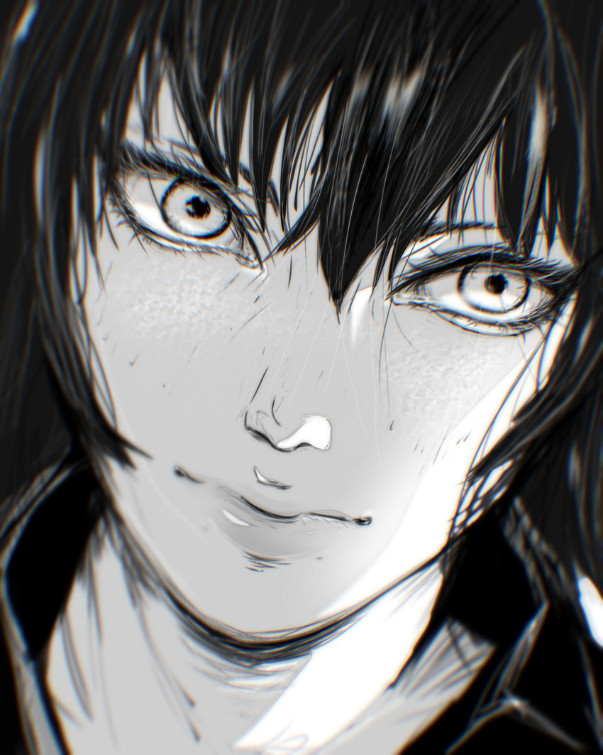 1girl absurdres collared_dress creepy dress eyelashes female_focus fubuki_(one-punch_man) greyscale highres looking_at_viewer medium_hair monochrome one-punch_man short_hair sketch