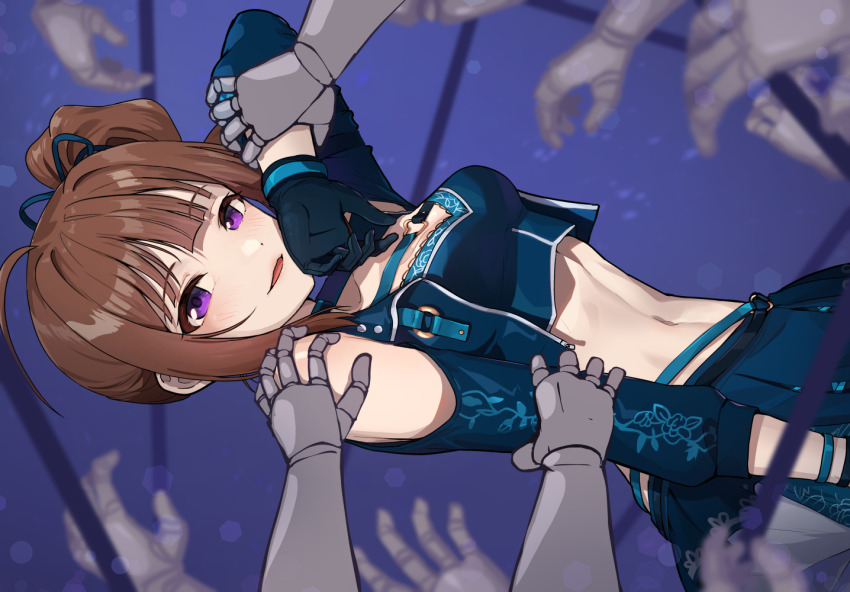 1girl breasts brown_hair choker crop_top crop_top_overhang detached_sleeves dress gloves hair_behind_ear idolmaster idolmaster_million_live! idolmaster_million_live!_theater_days kamille_(vcx68) long_hair looking_at_viewer midriff_peek navel purple_eyes side_ponytail sidelocks skirt small_breasts solo stomach yokoyama_nao