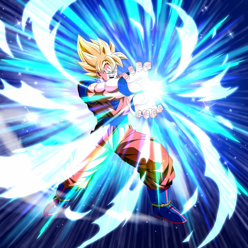 1boy blonde_hair dragon_ball dragon_ball_legends green_eyes kamehameha_(dragon_ball) muscular muscular_male official_art solo son_goku super_saiyan