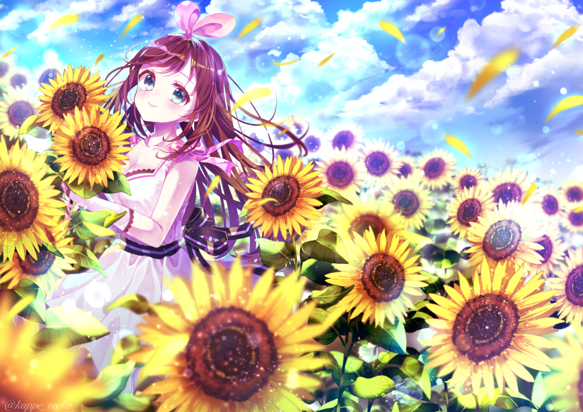 1girl back_bow bad_id bad_pixiv_id blue_sky bow breasts brown_hair cleavage closed_mouth cloud collarbone commentary_request day dress flower gauntlets green_eyes hair_ribbon highres kappe_reeka kizuna_ai kizuna_ai_(1st_costume) kizuna_ai_inc. leaf long_hair looking_at_viewer medium_breasts outdoors pink_dress ribbon shoulder_ribbon sky smile solo standing sundress sunflower sunflower_petals virtual_youtuber
