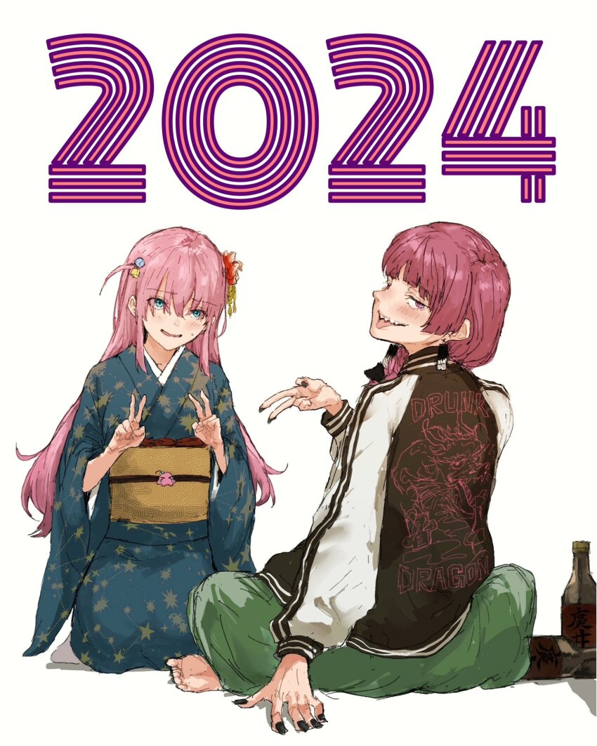 2024 barefoot black_jacket black_nails blue_kimono bocchi_the_rock! double_v dress english_text eshaku_(asifu-coffee) feet gotoh_hitori green_dress highres hiroi_kikuri jacket japanese_clothes kimono letterman_jacket looking_at_viewer looking_back nervous pink_hair sketch smile toes v white_background