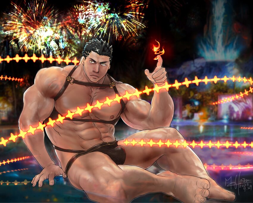 1boy alternate_facial_hair bara bare_pectorals biceps brown_male_swimwear chest_harness facial_hair fire flaming_halo halo harness highres large_pectorals leather male_focus male_swimwear masaharu_masaharu mature_male muscular muscular_male official_alternate_costume pectorals pyrokinesis sitting solo sparse_stubble stubble tokyo_houkago_summoners zabaniyya_(fashionista_swimsuit)_(housamo) zabaniyya_(housamo)