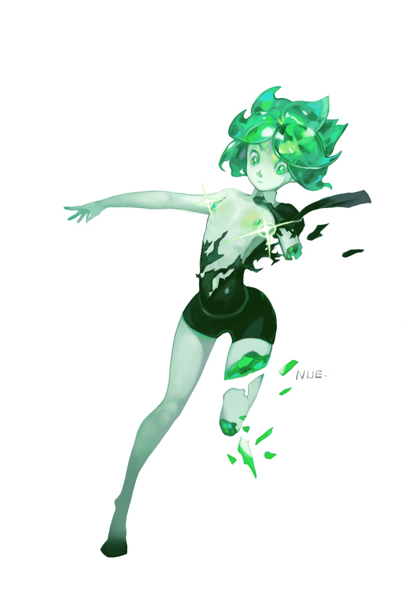 1other absurdres amputee androgynous aqua_eyes aqua_hair bodysuit breaking colored_skin contrapposto crystal_hair detached_collar double_amputee floating_hair gem gem_uniform_(houseki_no_kuni) glint high_collar highres houseki_no_kuni necktie nipples nue0210 other_focus parted_bangs phosphophyllite phosphophyllite_(gemstone) shards shirt short_hair short_jumpsuit short_shorts shorts simple_background solo sparkle torn torn_bodysuit torn_clothes torn_shirt undressing white_background white_skin wide_hips wing_collar
