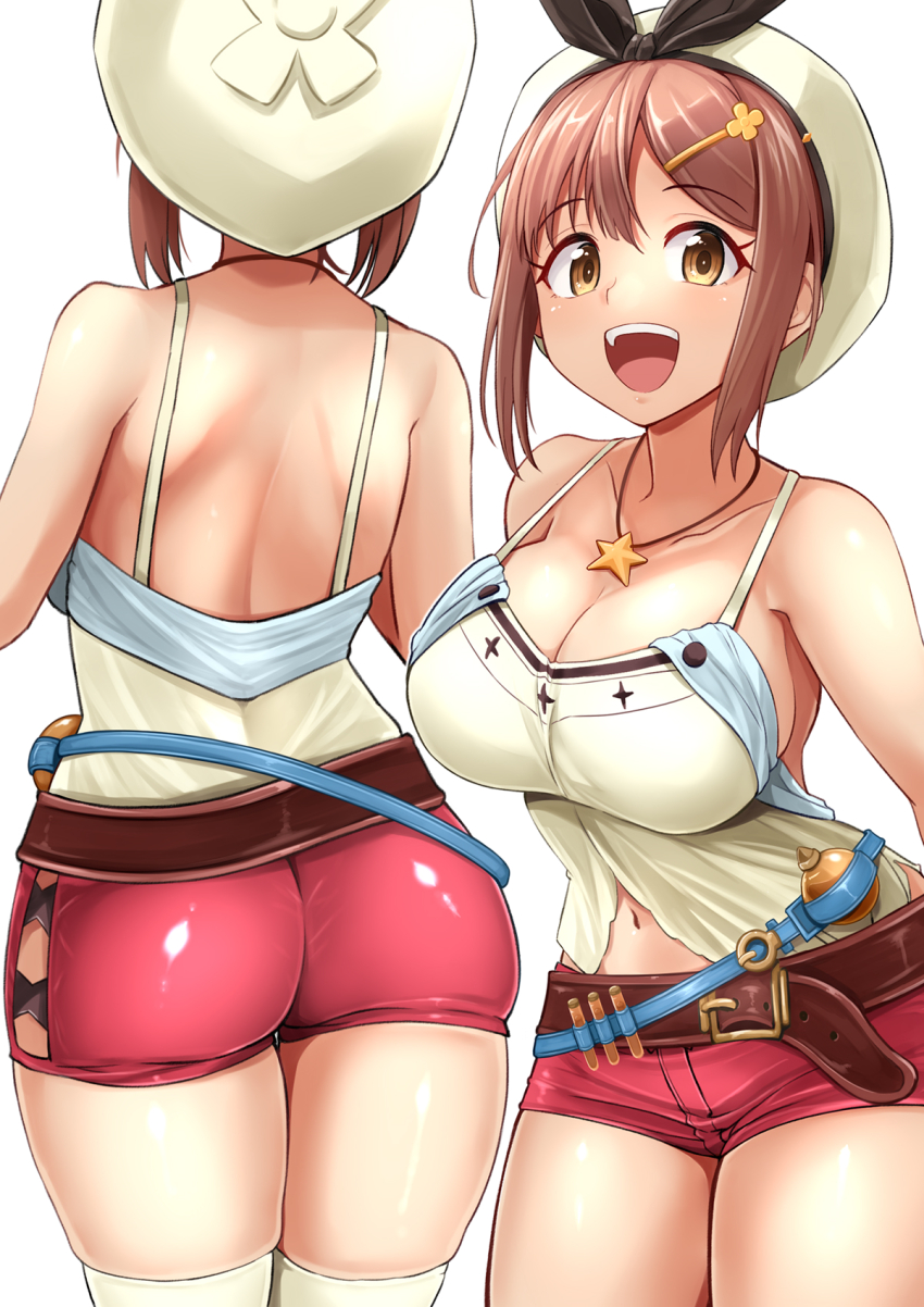 1girl :d ass atelier_(series) atelier_ryza atelier_ryza_1 back belt beret breasts brown_belt brown_eyes brown_hair collarbone commentary_request from_behind hair_ornament hairclip hat highres jewelry kitayama_miuki large_breasts leather_belt looking_at_viewer multiple_views necklace open_mouth red_shorts reisalin_stout short_hair short_shorts shorts simple_background smile standing star_(symbol) star_necklace teeth thighs tongue upper_teeth_only white_background white_hat