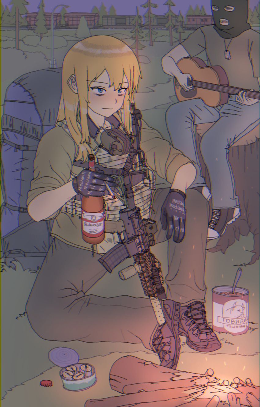 1girl alcohol ar-15 backpack bag balaclava beans beer blonde_hair blue_eyes boots budweiser campfire cigarette denim dog_tags escape_from_tarkov forest fukufaku guitar gun headset highres instrument jeans long_hair nature night pants bulletproof_vest rifle shoes smoking sneakers solo spoon train tree_stump weapon
