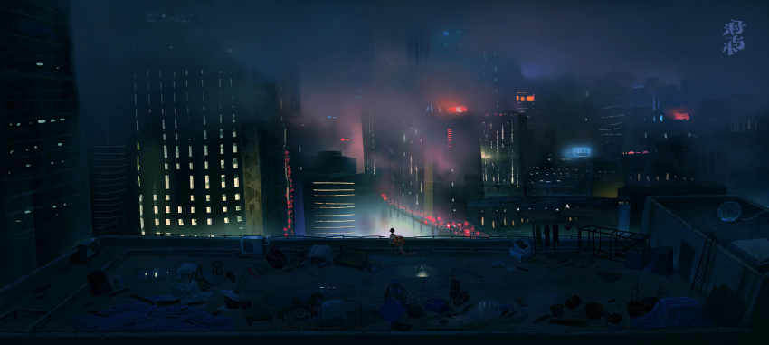 1boy artist_name black_hair blue_shirt child chinese_commentary city commentary_request fog from_behind green_shirt highres holding holding_toy industrial long_sleeves night night_sky original outdoors railing rooftop shirt short_hair sky solo standing striped_clothes striped_shirt toy two-tone_shirt very_wide_shot watermark zimuyu_zim