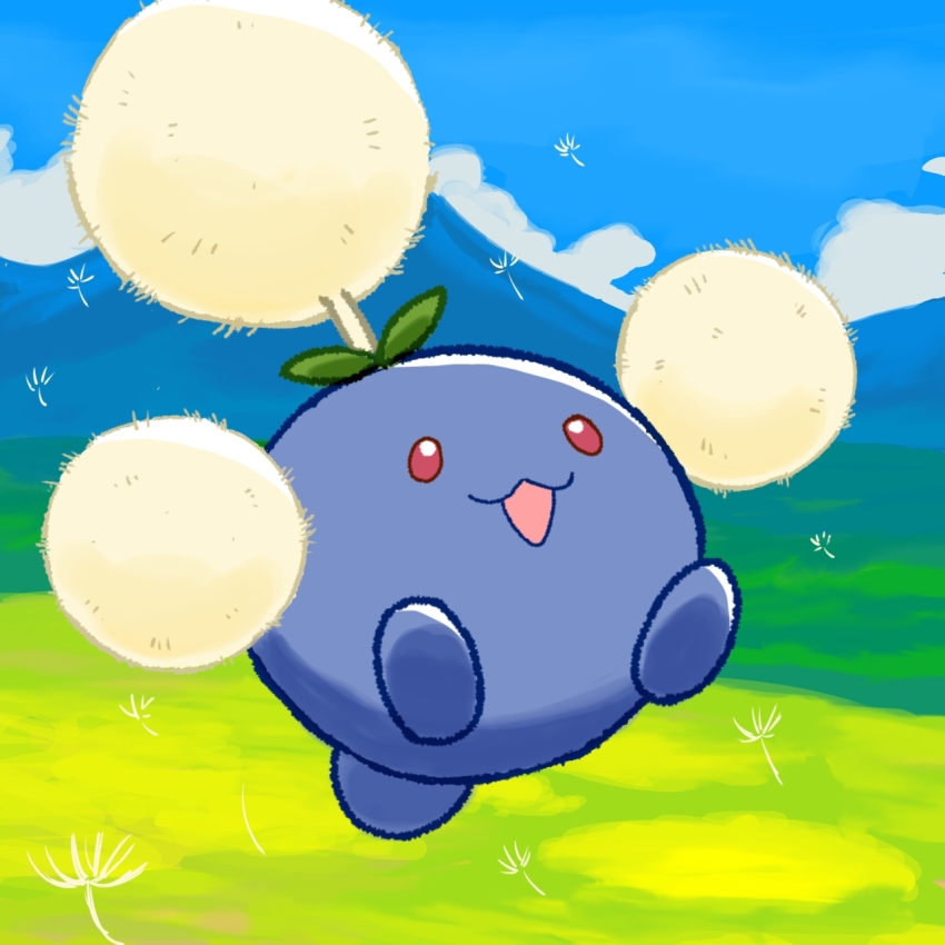 :3 animal_focus blue_sky cloud dandelion_seed day floating full_body gen_2_pokemon grass happy jumpluff monya mountainous_horizon nintendo no_humans open_mouth outdoors pokemon pokemon_(creature) sky smile solo