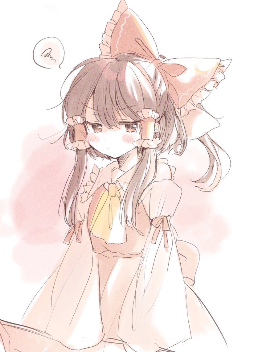 1girl ascot bare_shoulders blush bow brown_eyes brown_hair detached_sleeves grills hair_bow hair_tubes hakurei_reimu highres long_hair nontraditional_miko poprication short_hair solo standing touhou yellow_ascot