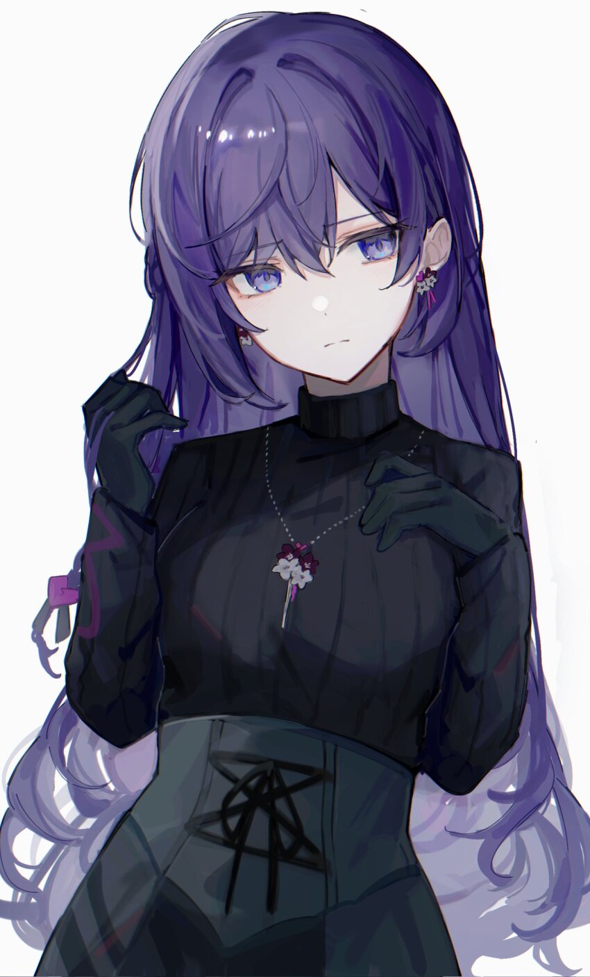 1girl asahina_mafuyu black_gloves black_sweater breasts cross-laced_clothes cross-laced_skirt crossed_bangs earrings flower_earrings gloves grey_skirt hand_in_own_hair high-waist_skirt highres jewelry long_hair looking_at_viewer medium_breasts necklace official_alternate_costume official_alternate_hair_length official_alternate_hairstyle project_sekai purple_eyes purple_hair ribbed_sweater scowl sidelocks simple_background skirt solo soshite_hari_wa_ugokidasu_(project_sekai) sweater turtleneck turtleneck_sweater very_long_hair white_background yukiusagi_(yukiusagi_52)