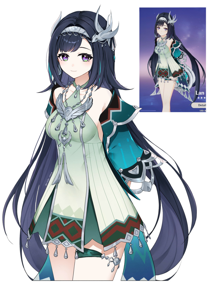 1girl absurdres arms_behind_back bird_hair_ornament black_hair blush breasts cowboy_shot detached_sleeves dress game_screenshot_inset genshin_impact green_dress green_sleeves hair_ornament hairband highres jewelry lan_yan_(genshin_impact) long_hair looking_at_viewer medium_breasts necklace nirako_mona purple_eyes short_dress silver_necklace simple_background sleeveless sleeveless_dress thigh_strap white_background