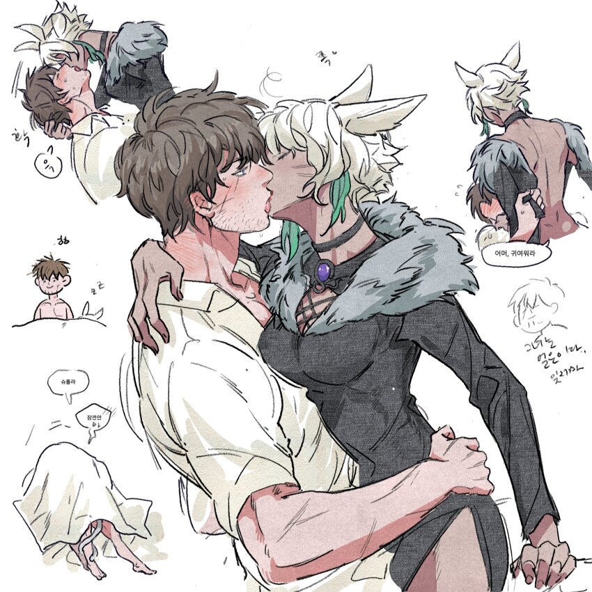 1boy 1girl adventurer_(ff14) animal_ears archon_mark arm_around_shoulder bare_back beencap breasts brown_hair cat_ears cat_girl cat_tail choker cleavage collarbone curled_tail dark-skinned_female dark_skin earrings feather_earrings feathers final_fantasy final_fantasy_xiv fur-trimmed_jacket fur_trim gem grabbing_another&#039;s_hair hand_on_another&#039;s_hip hickey highres jacket jewelry korean_text large_breasts lipstick lowered_eyelids makeup messy_hair miqo&#039;te necklace purple_gemstone red_lips short_hair tail tail_around_another&#039;s_leg tail_wrap teasing under_covers underwear undressing upper_body warrior_of_light_(ff14) white_hair y&#039;shtola_rhul