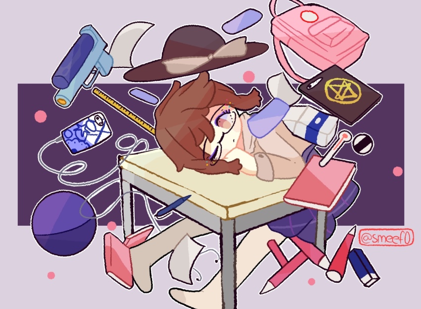 1girl backpack bag brown_hair cellphone desk earphones eraser glasses gun hexagram ipad no_shoes notebook occult_ball one_eye_closed paper phone plaid_clothes plaid_skirt school_desk school_uniform skirt smartphone smartphone_case smeef0 socks star_of_david tablet_pc touhou usami_sumireko waking_up weapon