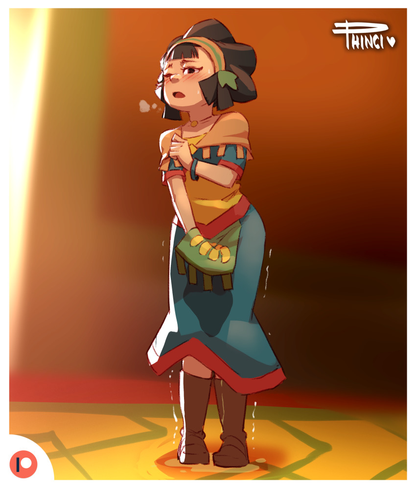 1girl absurdres apron artist_name bangle between_legs black_eyes black_hair blue_dress blurry blurry_background blush boots border bracelet breath brown_boots capelet collarbone dress embarrassed female_focus full_body hairband half-closed_eye hand_between_legs hand_up have_to_pee highres indoors jewelry kina_(zelda) necklace nintendo one_eye_closed open_mouth orange_capelet orange_hairband patreon_logo pee peeing peeing_self phinci puddle short_hair short_sleeves signature solo standing sweat the_legend_of_zelda the_legend_of_zelda:_skyward_sword trembling wet wet_clothes white_border