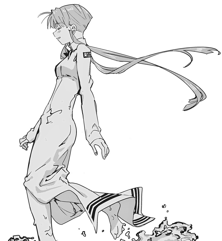 1girl aria_(manga) aria_company_uniform bad_id bad_twitter_id dress floating_hair from_side full_body greyscale hair_tubes highres inactive_account long_dress long_hair long_sleeves mizunashi_akari monochrome profile sidelocks simple_background smile solo splashing standing suiso_(owp) wading water white_background