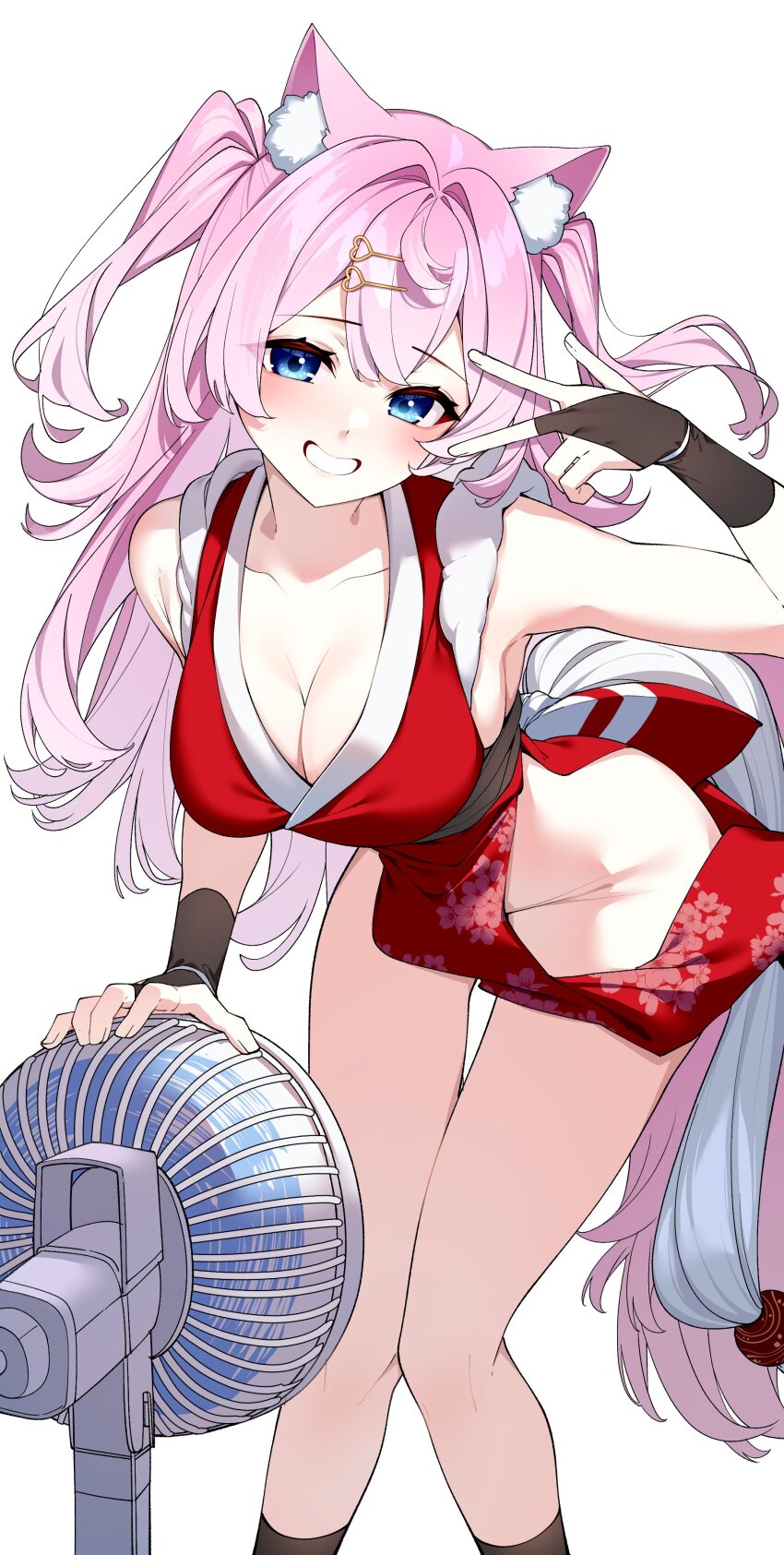 1girl absurdres animal_ear_fluff bare_shoulders bent_over black_gloves blue_eyes blush breasts cleavage collarbone commentary commission cosplay darjeeling_(reley) double-parted_bangs dress electric_fan english_commentary eyes_visible_through_hair floral_print gloves hair_between_eyes hair_ornament hairclip highres indie_virtual_youtuber long_hair looking_at_viewer medium_breasts parted_lips pink_hair red_dress serotina shiranui_mai shiranui_mai_(cosplay) side_slit simple_background skindentation smile solo v v_over_eye w white_background