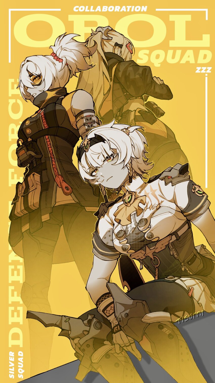 3girls anby_demara anby_demara_(silver_soldier) artist_name blonde_hair braid breasts chest_harness closed_mouth clothing_cutout dress english_text fingerless_gloves from_below gloves goggles grey_hair hair_between_eyes hairband harness high_ponytail highres leg_cutout long_hair medium_breasts military multiple_girls official_alternate_costume official_alternate_hairstyle open_mouth ponytail scarf short_hair simple_background sitting sleeveless sleeveless_dress soldier_11_(zenless_zone_zero) standing suimi_esse tight_clothes tinted_eyewear trigger_(zenless_zone_zero) twin_braids yellow_background zenless_zone_zero zipper_pull_tab