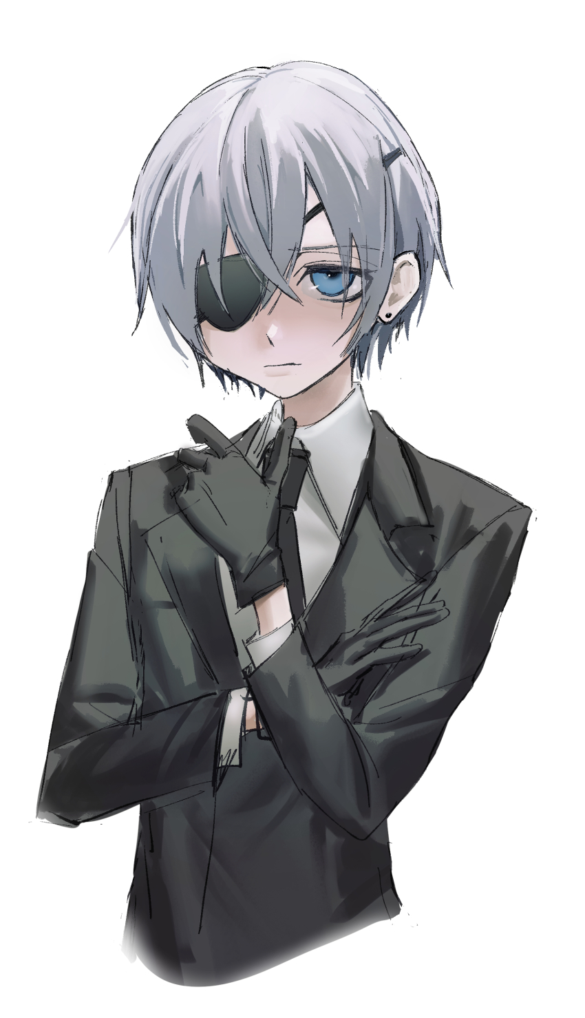 1boy absurdres blue_eyes ciel_phantomhive collared_shirt cropped_torso earrings eyepatch formal_clothes gloves grey_hair highres jacket jewelry kuroshitsuji kyandii male_focus shirt short_hair solo stud_earrings suit