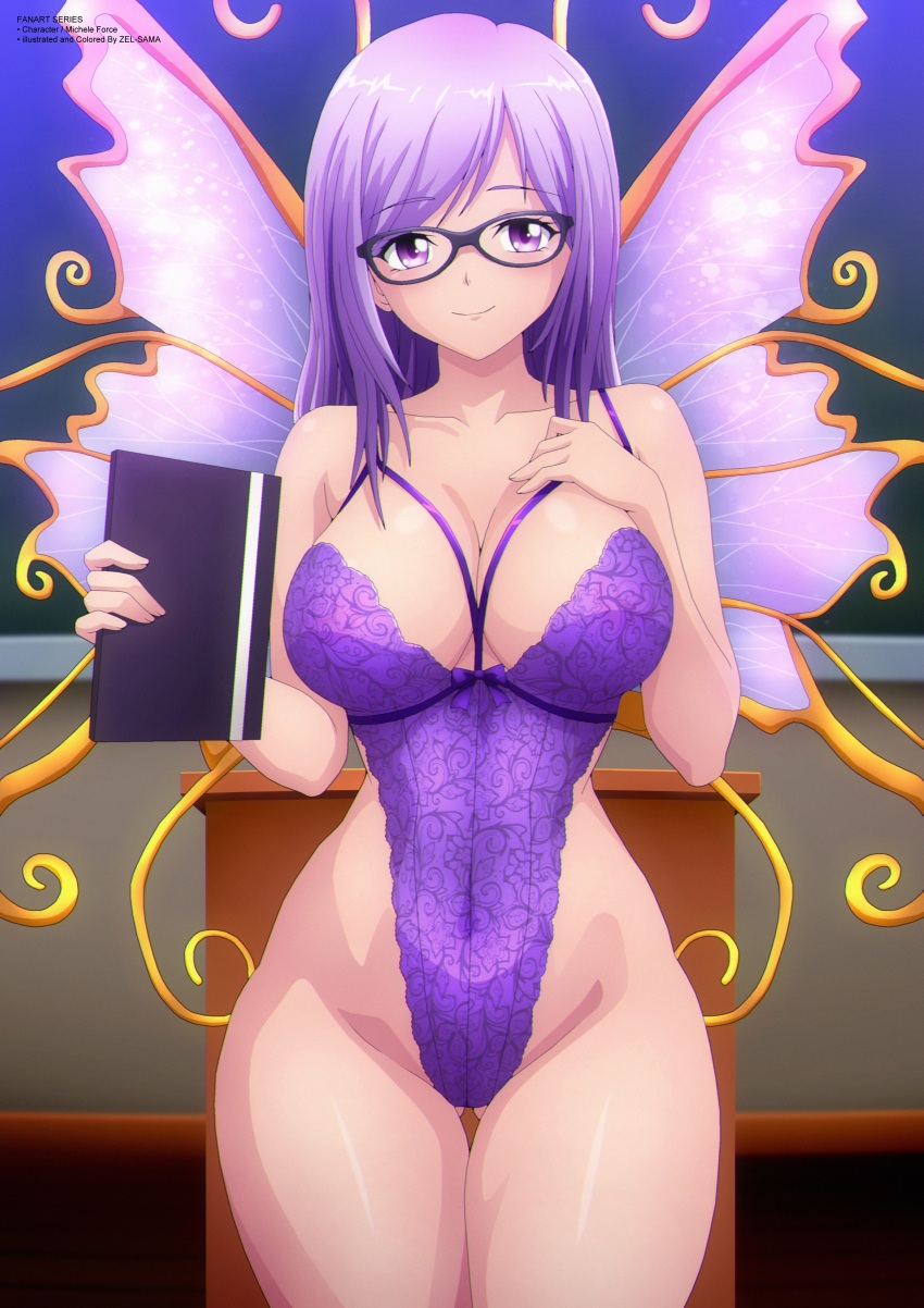 1girl absurdres antennae blush book borrowed_character bow breasts chalkboard classroom cleavage collarbone commission fairy fairy_wings floral_print glasses hand_on_own_chest highleg highleg_leotard highres holding holding_book large_breasts leotard long_hair looking_at_viewer michele_force original podium print_leotard purple_bow purple_eyes purple_hair purple_leotard smile standing teacher wings zel-sama