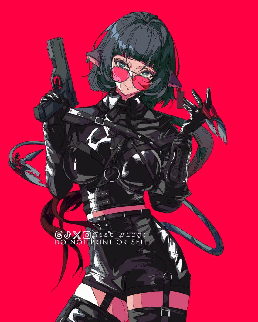 1girl absurdres alternate_costume black_gloves black_hair black_jacket black_shorts blunt_bangs breasts closed_mouth cowboy_shot gloves green_eyes gun highres holding holding_gun holding_knife holding_weapon jacket jane_doe_(zenless_zone_zero) knife large_breasts long_hair looking_at_viewer mouse_tail multicolored_hair nest_virgo red-tinted_eyewear red_background red_hair shorts sidelocks simple_background smile solo sunglasses tail tinted_eyewear two-tone_hair weapon zenless_zone_zero