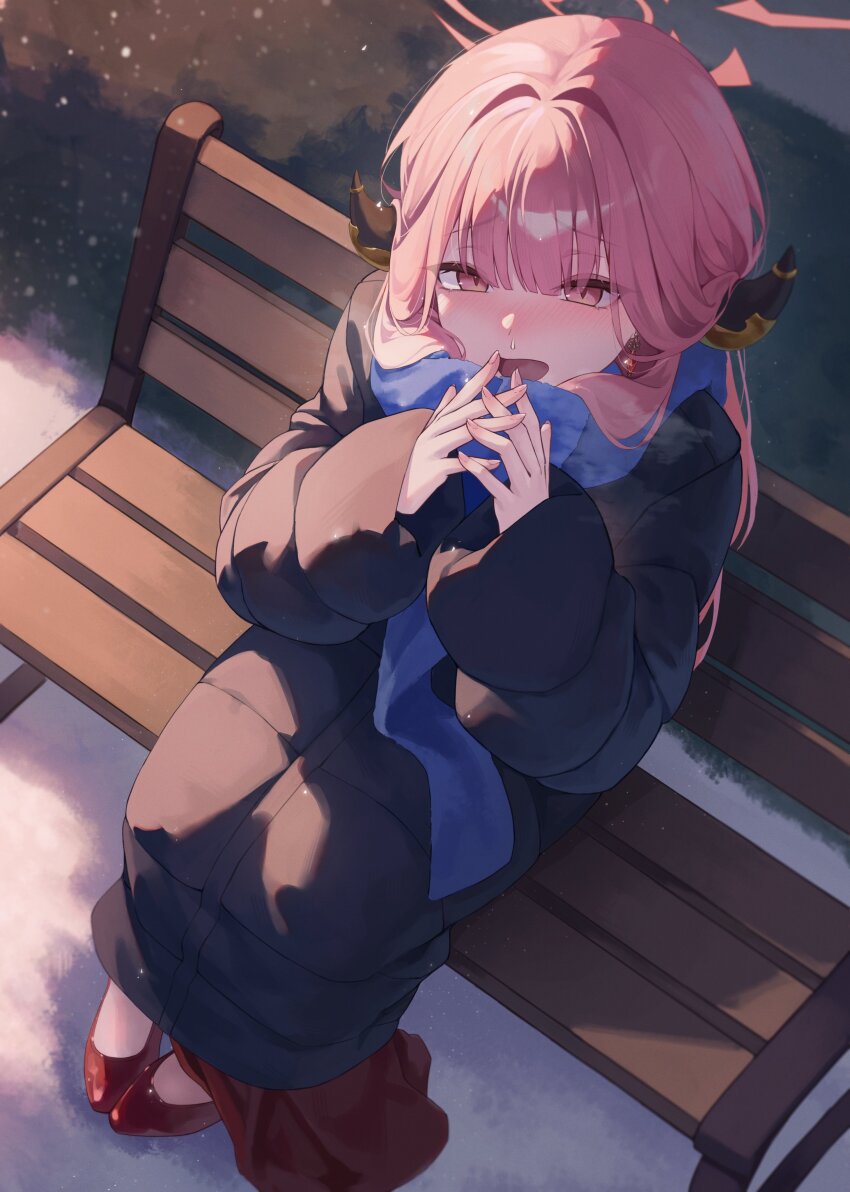 1girl absurdres alternate_costume aru_(blue_archive) aru_(dress)_(blue_archive) bench blue_archive blush coat cold demon_girl demon_horns dress halo high_heels highres horns jw_(wrdawrda) long_hair looking_at_viewer outdoors pink_eyes pink_halo scarf sitting snow solo warming_hands winter winter_clothes winter_coat