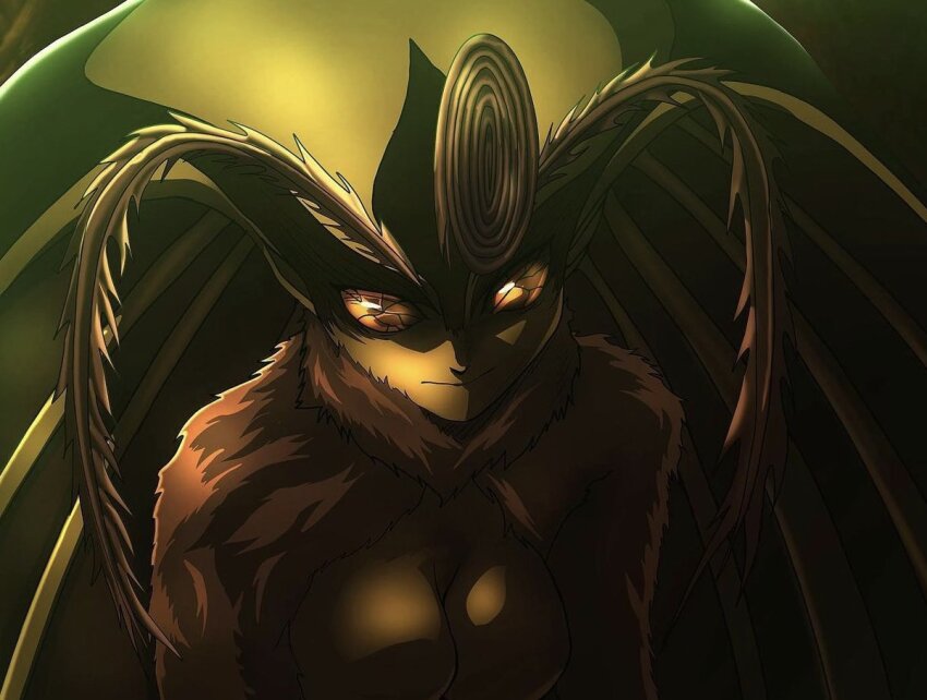 1girl antennae arthropod_girl berserk breasts bug butterfly_wings closed_mouth compound_eyes insect_wings mark_reymer medium_breasts monster_girl neck_fur nude rosine_(berserk) solo solo_focus upper_body wings yellow_eyes