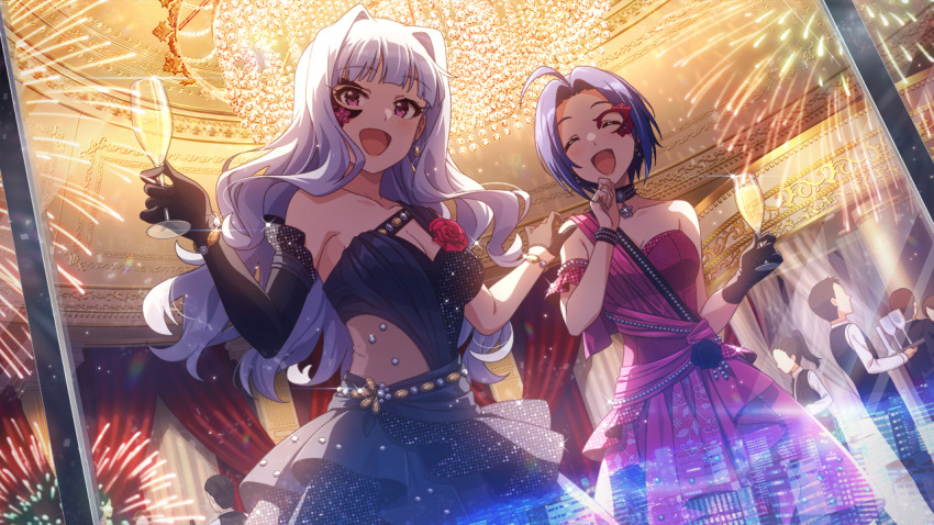 2girls asymmetrical_gloves black_dress blue_hair breasts building chandelier cityscape cleavage closed_eyes cup curtains dress drinking_glass faceless fireworks flower game_cg gloves grey_hair half_mask holding idolmaster idolmaster_million_live! idolmaster_million_live!_theater_days mask medium_breasts miura_azusa multiple_girls official_art open_mouth pink_dress purple_eyes reflection shijou_takane tray wine_glass