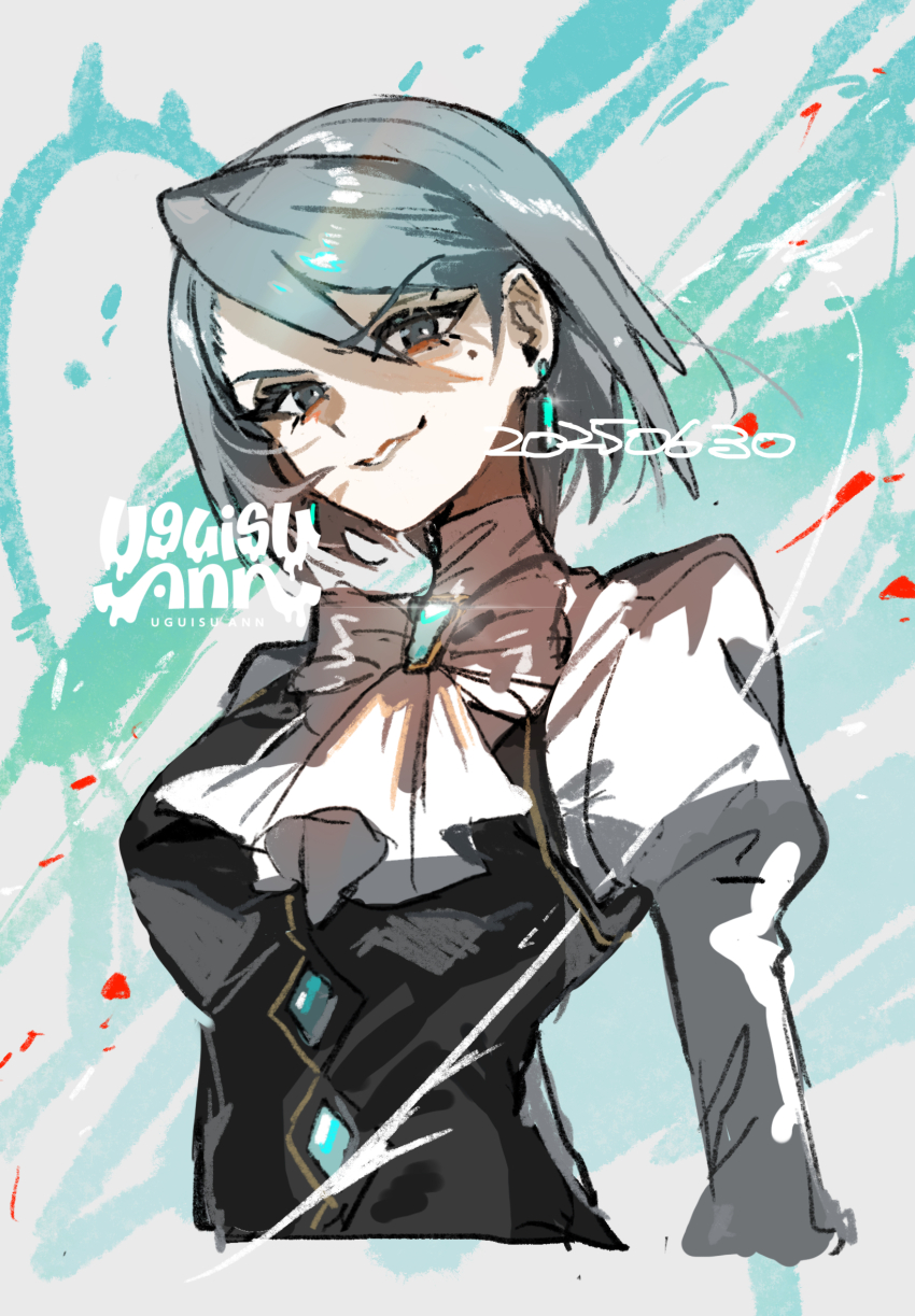 1girl ace_attorney artist_name ascot blue_gemstone commentary_request dated franziska_von_karma gem grey_hair highres looking_at_viewer mole mole_under_eye short_hair smile solo uguisu_ann upper_body white_ascot