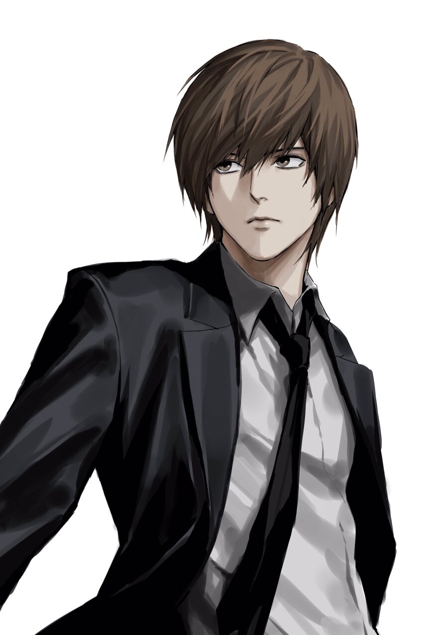 1boy black_necktie brown_eyes brown_hair death_note formal_clothes highres lips male_focus necktie shirt solo sso_s suit white_background white_shirt yagami_light
