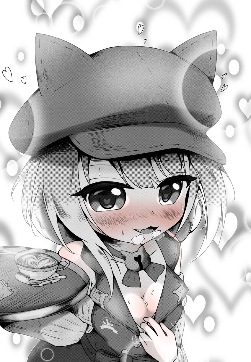 1girl animal_ears baguhatena bare_shoulders bell blush breasts cat_ears cat_girl cleavage commentary cup detached_sleeves ears_through_headwear eyelashes fang greyscale hat heart heart-shaped_pupils heart_background highres holding holding_tray jingle_bell looking_at_viewer medium_breasts monochrome open_mouth princess_connect! short_hair sidelocks smile sweat symbol-shaped_pupils tamaki_(cafe)_(princess_connect!) tamaki_(princess_connect!) tea teacup tray upper_body
