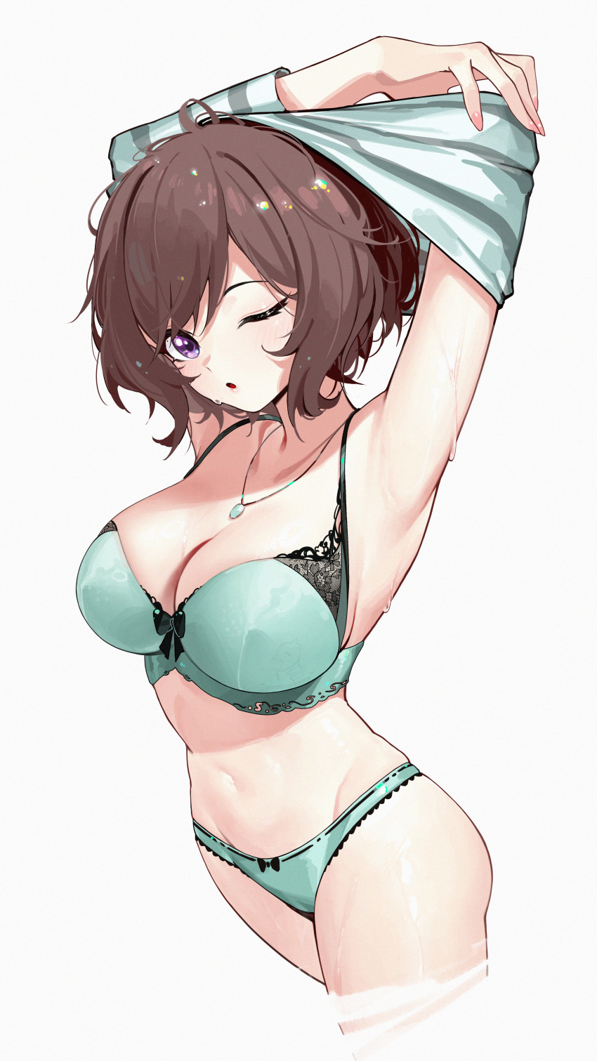 1girl ;o absurdres armpits arms_up bob_cut bow bow_panties bra breasts brown_hair cleavage cropped_legs cz_(mikumikumi) gakuen_idolmaster green_bra green_panties groin highres idolmaster large_breasts looking_at_viewer navel neo_asari one_eye_closed panties purple_eyes short_hair simple_background solo stomach underwear undressing white_background