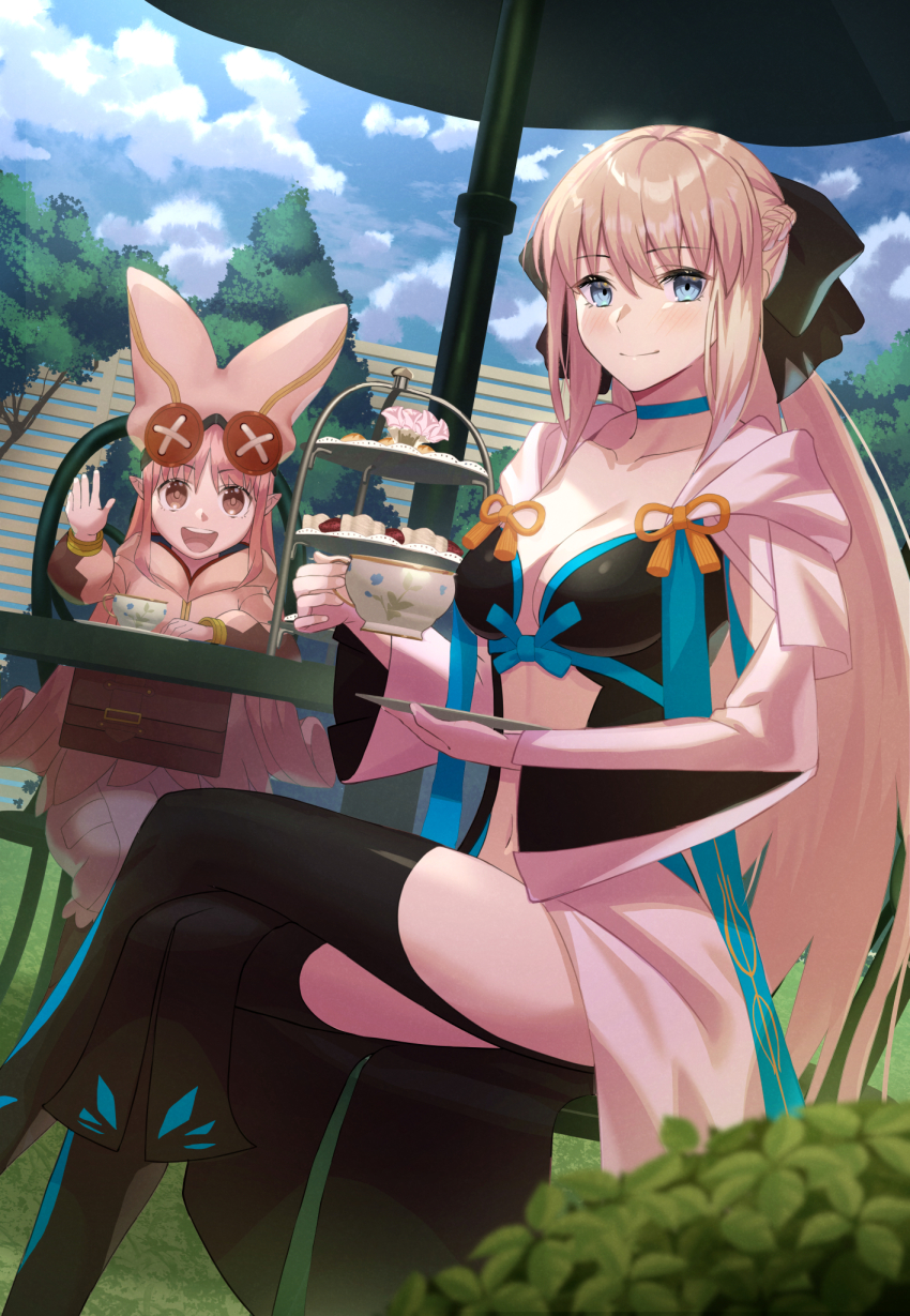 2girls beppu_mitsunaka black_bow black_dress black_footwear blue_eyes blush boots bow braid breasts button_eyes buttons center_opening cleavage dress fate/grand_order fate_(series) grey_hair habetrot_(fate) hair_bow half_up_braid hat highres jacket large_breasts long_hair long_sleeves looking_at_viewer morgan_le_fay_(fate) multiple_girls open_mouth pelvic_curtain pink_hair pink_headwear pink_jacket pointy_ears ponytail red_eyes sidelocks small_breasts smile thigh_boots thighhighs thighs two-tone_dress very_long_hair white_dress wide_sleeves