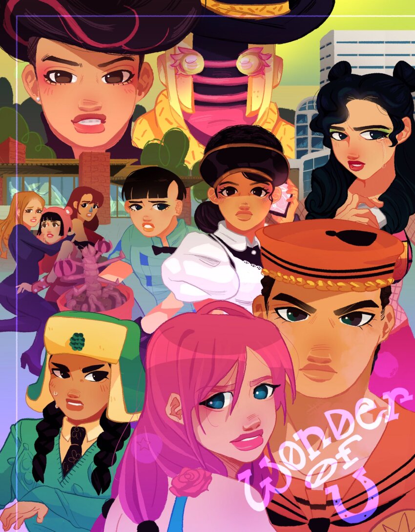 1other 4boys 6+girls black_eyes black_hair blue_eyes cellphone crying eyeliner green_eyeliner green_eyes green_shirt hat higashikata_daiya higashikata_hato higashikata_joshu higashikata_josuke_(jojolion) higashikata_kato higashikata_mitsuba higashikata_tomoko highres hirose_yasuho holding holding_phone jojo_no_kimyou_na_bouken jojolion makeup mamezuku_rai multicolored_eyes multiple_boys multiple_girls nijimura_kei p3ggysus phone pink_hair rokakaka sailor_collar sailor_hat shirt smartphone stand_(jojo) tears tooru_(jojolion) ushanka wonder_of_u yellow_eyes