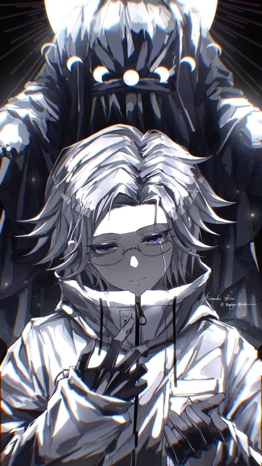 1boy absurdres aotsuki_eito artist_name black_gloves breast_pocket character_name chinese_commentary chromatic_aberration commentary_request crying crying_with_eyes_open film_grain glasses gloves grey_hair hands_up highres jacket looking_at_viewer male_focus moon_phases nuomiyuyuli outstretched_hand pocket purple_eyes red_pupils short_hair solo tears the_hundred_line_-last_defense_academy- white_jacket
