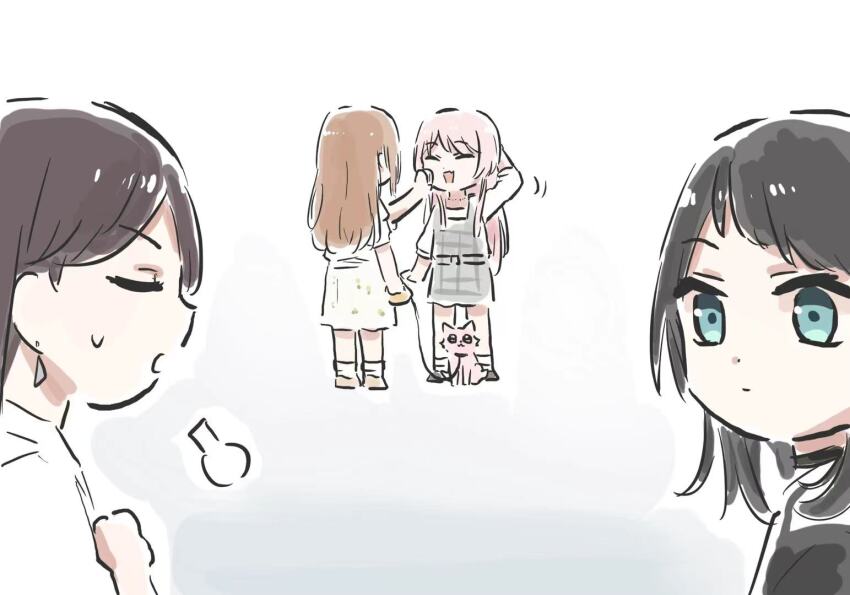 4girls bang_dream! bang_dream!_it&#039;s_mygo!!!!! black_hair blue_eyes brown_hair chihaya_anon closed_eyes dog dress earrings grey_dress jewelry leash long_hair lyy multiple_girls nagasaki_soyo open_mouth pinafore_dress pink_hair plaid_clothes plaid_dress puff_of_air shiina_taki sleeveless sleeveless_dress yahata_umiri