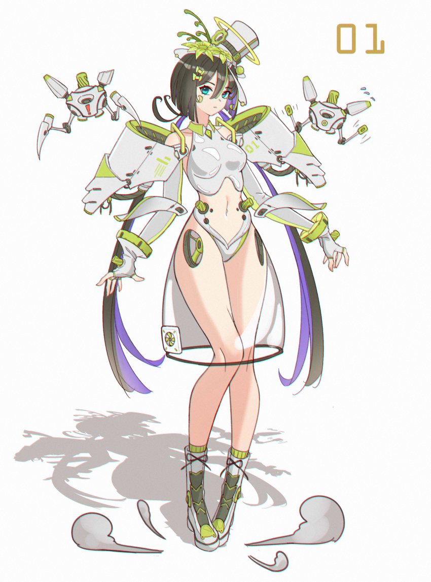 1girl absurdres alucard_pie android black_hair blue_eyes boots bow breasts chinese_commentary collared_shirt colored_inner_hair computer_fan cropped_shirt elbow_gloves fingerless_gloves flower full_body gloves green_bow green_flower green_hair green_socks grey_boots grey_hat grey_panties grey_shirt hair_between_eyes hair_bow halter_shirt halterneck hat hat_flower highres long_hair looking_at_viewer medium_breasts multicolored_hair navel original panties parted_lips purple_hair robot see-through_clothes see-through_skirt shadow shirt skirt sleeveless sleeveless_shirt socks solo streaked_hair top_hat underwear very_long_hair white_background