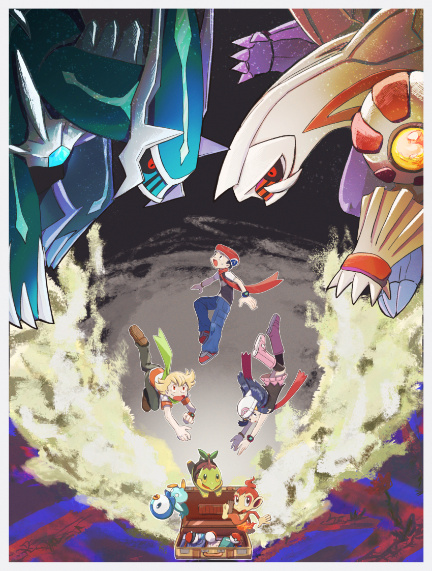 1girl 2boys barry_(pokemon) beanie black_hair black_sclera black_shirt black_socks black_vest blonde_hair blue_eyes blue_hair blue_pants boots border briefcase brown_eyes brown_shoes chimchar colored_sclera commentary_request creatures_(company) dawn_(pokemon) dialga falling fire full_body game_freak gen_4_pokemon green_eyes green_scarf grey_pants hat highres kneehighs leaf legendary_pokemon long_hair looking_up lucas_(pokemon) multiple_boys nintendo open_mouth orange_eyes outline palkia pants pink_boots pink_skirt piplup poke_ball poke_ball_(basic) pokemon pokemon_(creature) pokemon_dppt poketch red_eyes red_hat red_scarf red_shoes scarf shirt shoes short_hair short_sleeves skirt socks starter_pokemon_trio striped_clothes striped_shirt sweat sweatdrop turtwig umebosibakari2 vest watch white_border white_hat white_outline wristwatch yellow_sclera