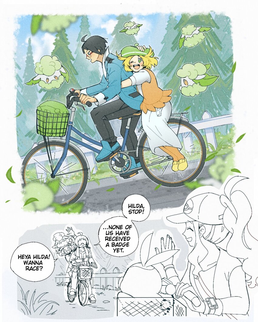 1girl 2boys ahoge beret bianca_(pokemon) bicycle bicycle_basket black_hair blonde_hair blurry cheren_(pokemon) commentary cottonee dress english_commentary falling_leaves gen_5_pokemon green_hat hat highres hilda_(pokemon) holding jacket leaf miiyokoe multiple_boys nintendo orange_pantyhose orange_vest pants pantyhose partially_colored pokemon pokemon_(creature) pokemon_bw riding riding_bicycle shoes short_hair short_sleeves tepig vest white_dress yellow_shoes