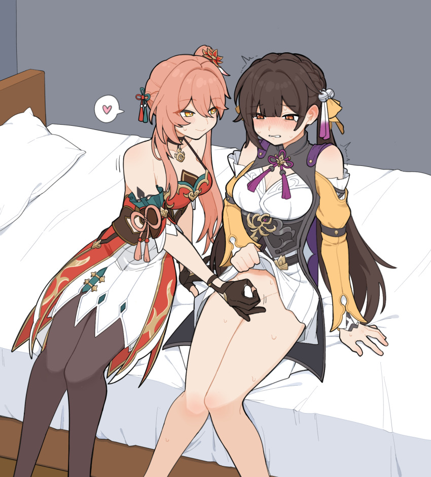 1futa 1girl assertive_female bare_legs bare_shoulders bed bed_sheet bell black_pantyhose blank_censor blush braid breasts bright_pupils brown_choker brown_gloves brown_hair censored center-flap_bangs chinese_clothes chinese_knot choker cleavage clenched_teeth closed_mouth clothed_sex clothes_lift commentary_request crown_braid detached_sleeves double-parted_bangs dress dress_lift erection feet_out_of_frame flower flower_knot frown furrowed_brow futa_with_female futanari gloved_handjob gloves guinaifen_(honkai:_star_rail) hair_bell hair_between_eyes hair_flower hair_ornament halterneck handjob heart hell_chihuahua highres honkai:_star_rail honkai_(series) indoors jingle_bell knees_together_feet_apart leaning_to_the_side lifting_own_clothes long_hair long_sleeves looking_at_another looking_down mandarin_collar medium_breasts motion_lines no_panties nose_blush on_bed pantyhose pendant_choker penis pillow pink_hair pink_ribbon pleated_dress red_dress red_flower ribbon seductive_smile short_dress short_sleeves side-by-side side_ponytail sitting sleeve_belt small_penis smile spoken_heart sushang_(honkai:_star_rail) sweat sweatdrop tassel tassel_hair_ornament teeth thighs twintails twisted_torso twitching two-tone_dress white_dress white_pupils yellow_eyes yellow_sleeves